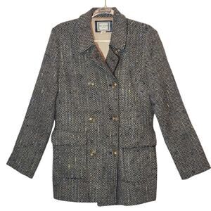 Mo Vint Herringbone Wool Blend Double Breasted Jacket Black Tan M Chic Classic